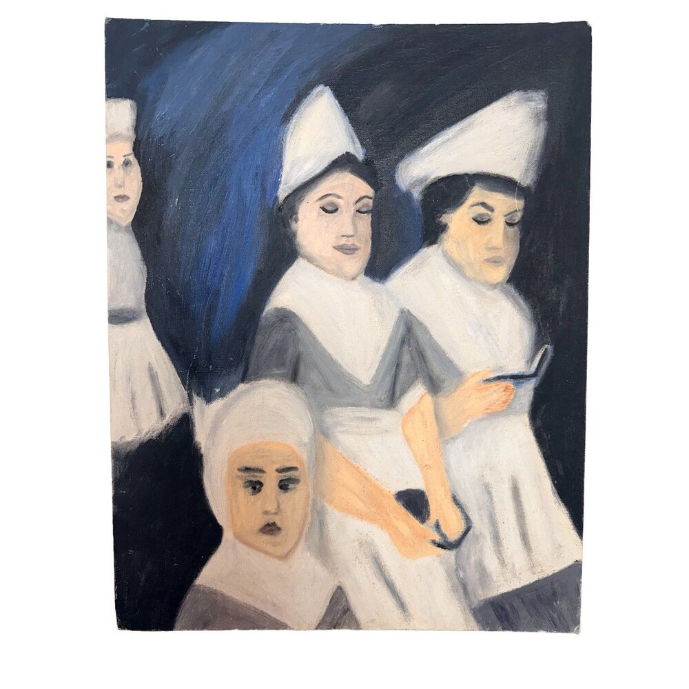 VINTAGE SISTER NURSES PORTRAIT 1950S FOLK ART OIL PAINTING MCM UNSIGNED